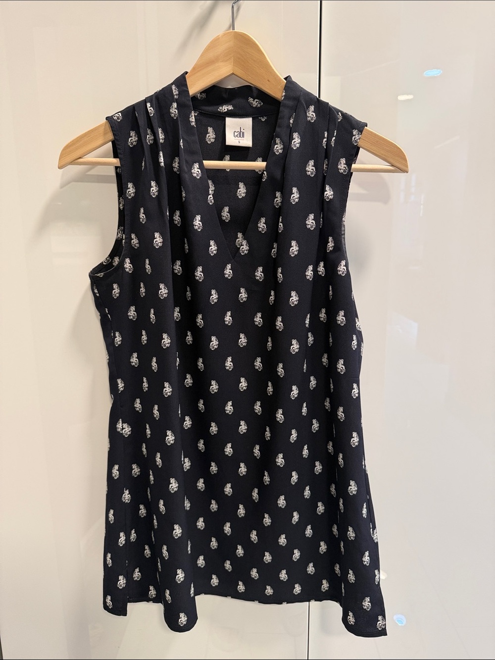 CAbi Navy Sleeveless V-Neck Blouse with White Paisley Print